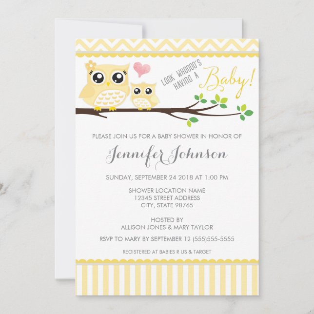 Owl Baby Shower Invitation | Yellow Chevron (Front)