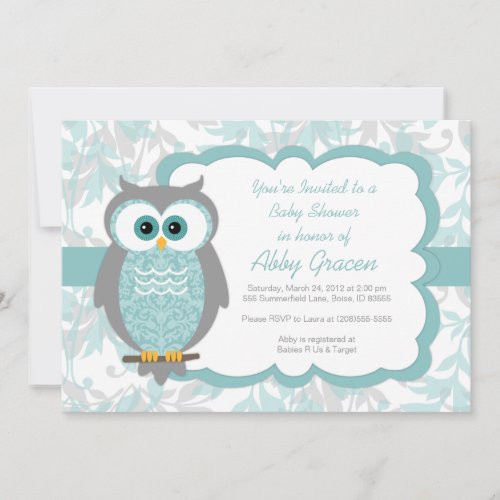Owl Baby Shower Invitations, Aqua, Gray - 930