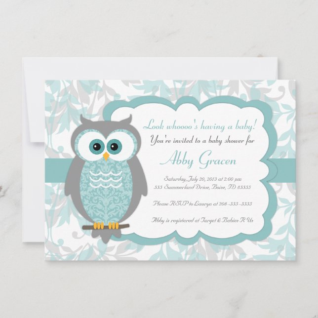 Owl Baby Shower Invitations, Aqua, Gray - 930 Invitation (Front)