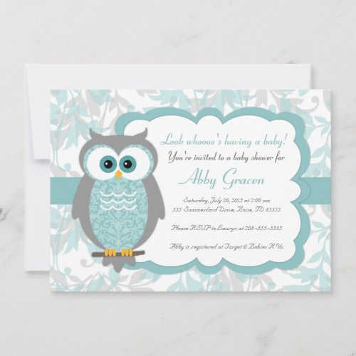 Owl Baby Shower Invitations, Aqua, Gray - 930