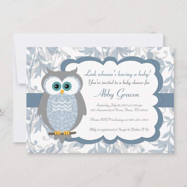 Owl Baby Shower Invitations, Blue, Gray - 830 Invitation (Front)