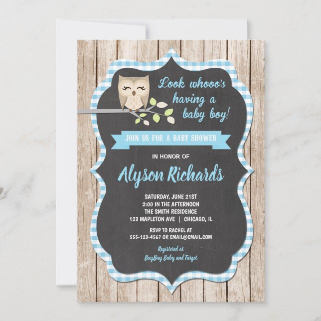 Owl baby shower invitations boy, baby blue (Front)