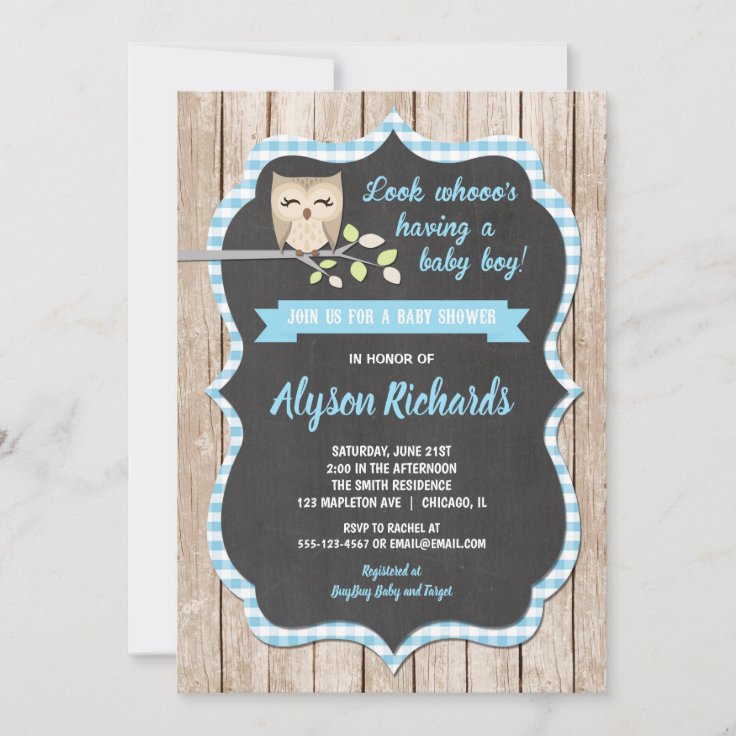 Owl baby shower invitations boy, baby blue Zazzle