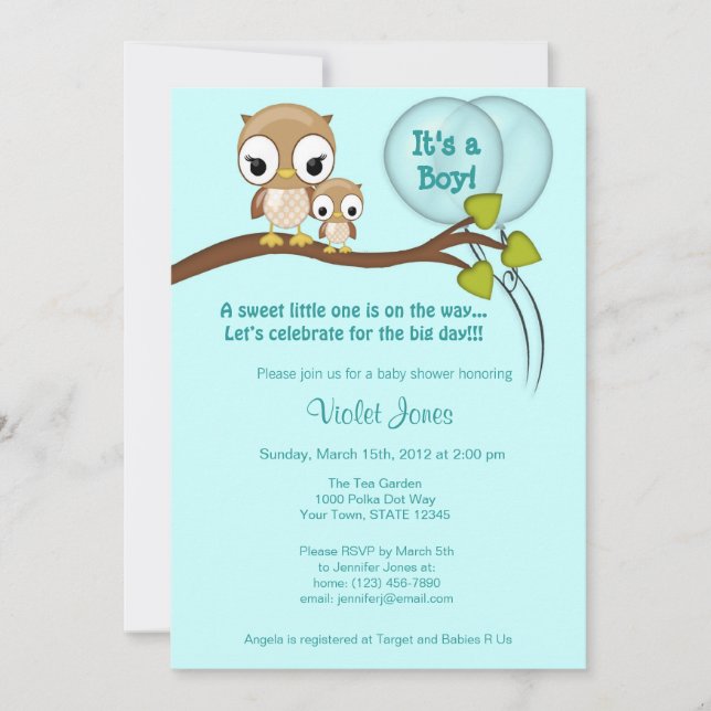 Owl Baby Shower Invitations Boy Mommy BLUE (Front)