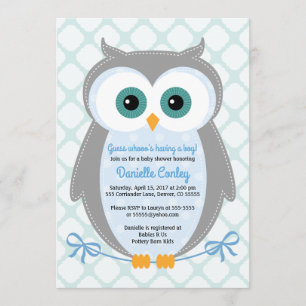 Owl baby shower invitations boys blue gray mint