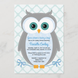 Owl baby shower invitations boys blue gray mint