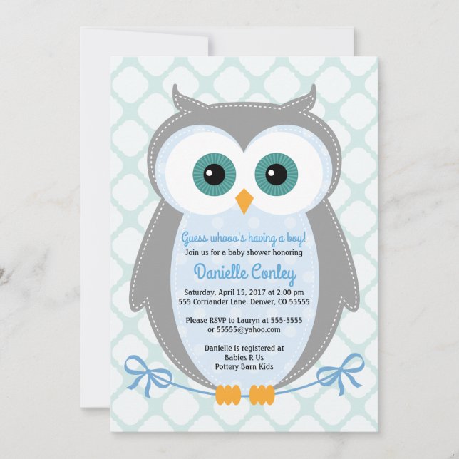 Owl baby shower invitations boys blue gray mint (Front)