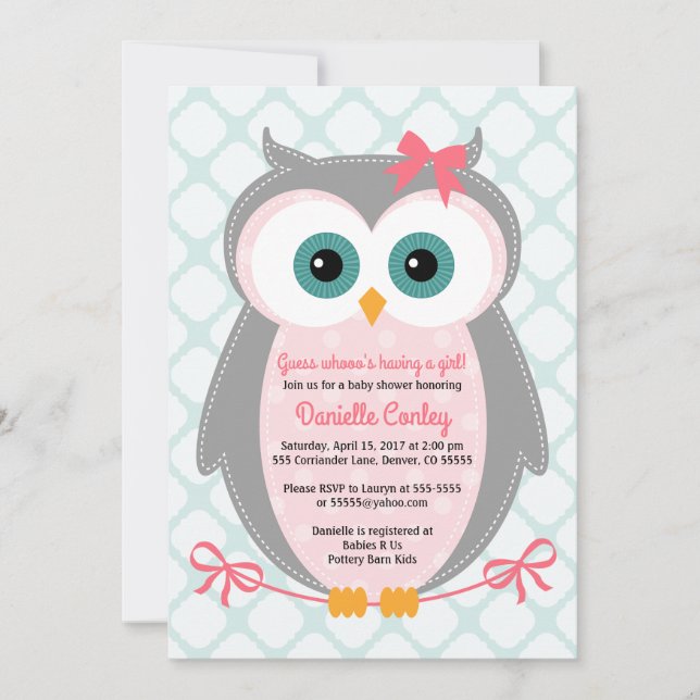Owl baby shower invitations for girls mint pink (Front)