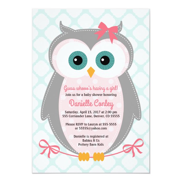 Owl Baby Shower Invitations For Girls Mint Pink