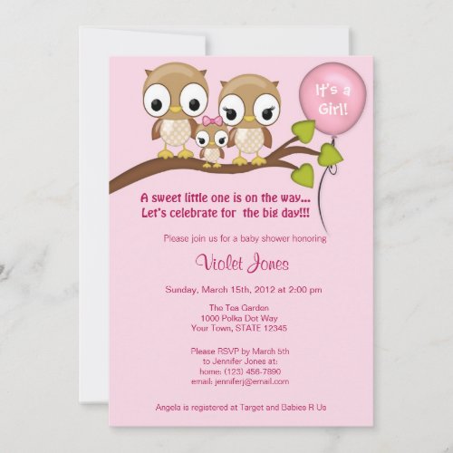 Owl Baby Shower Invitations Girl Mommy Daddy