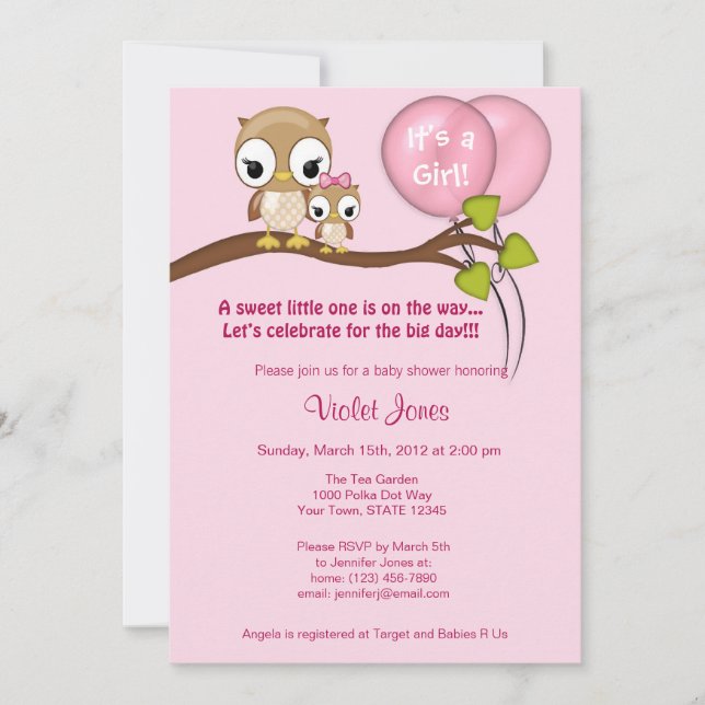 Owl Baby Shower Invitations Girl Mommy pink (Front)