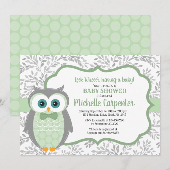 owl baby shower invite boy green gray woodland (Front/Back)