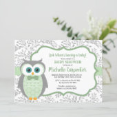 owl baby shower invite boy green gray woodland (Standing Front)