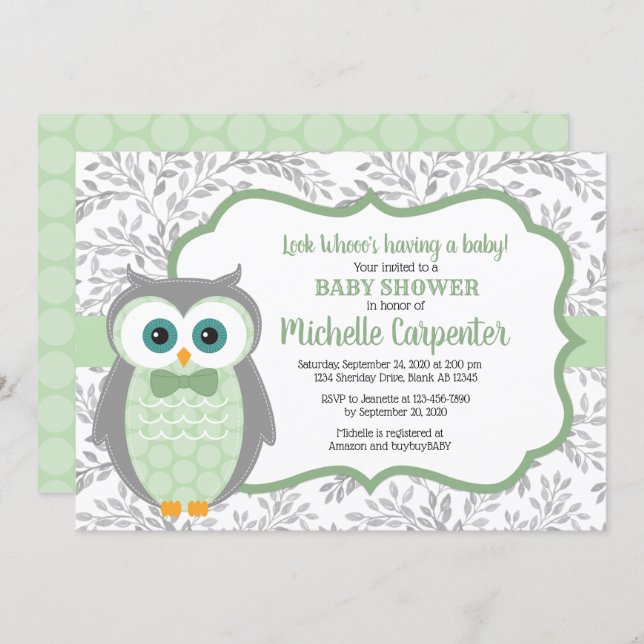 owl baby shower invite boy green gray woodland (Front/Back)