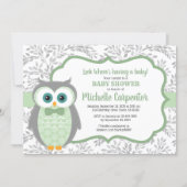 owl baby shower invite boy green gray woodland (Front)