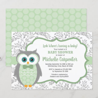 owl baby shower invite boy green gray woodland