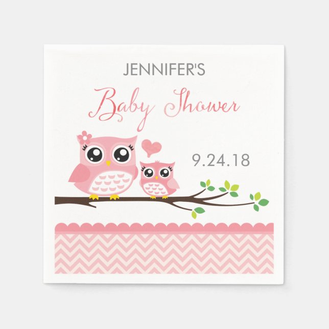 Owl Baby Shower Napkins | Custom Pink Chevron Girl (Front)