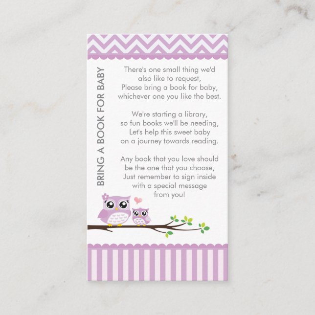 Owl Baby Shower Purple Bring a Book Shower Insert (Front)