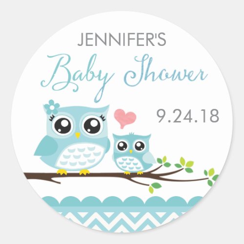 Owl Baby Shower Sticker  Label  Blue Chevron Boy