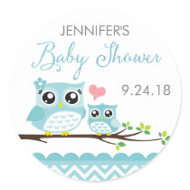 Owl Baby Shower Sticker / Label | Blue Chevron Boy