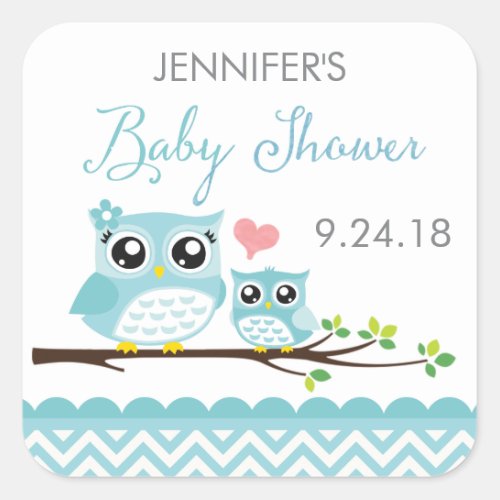 Owl Baby Shower Sticker  Label  Blue Chevron Boy