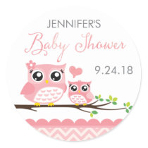 Owl Baby Shower Sticker Label | Pink Chevron Girl