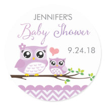 Owl Baby Shower Sticker Label Purple Chevron Girl