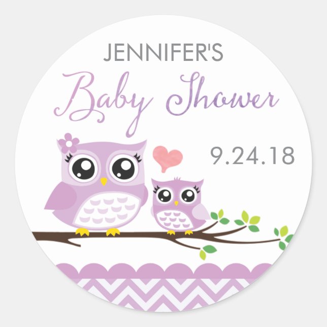 Owl Baby Shower Sticker Label Purple Chevron Girl (Front)