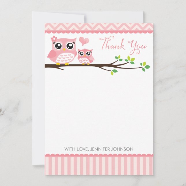 Owl Baby Shower Thank You Card | Pink Chevron Girl (Front)