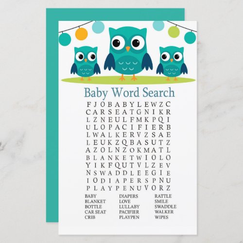 Owl Baby Shower Word Search Game