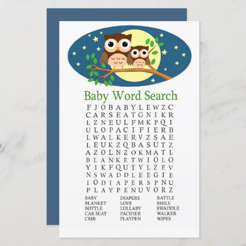 Owl Baby Shower Word Search Game