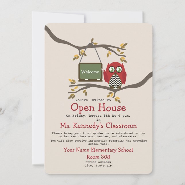 Owl Back To School Classroom Open House Invite (Front)