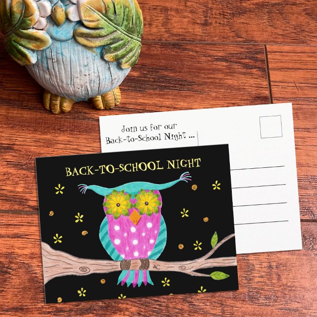 Owl Back-to-School Night Postcard Template (Back-to-school owl postcard .)