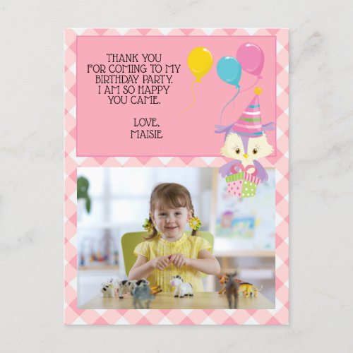 Owl Balloon Pink Gingham Birthday Photo Thank You Postcard