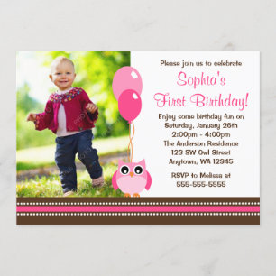 Owl Balloons Pink Brown Photo Birthday Invitation
