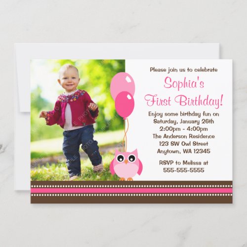 Owl Balloons Pink Brown Photo Birthday Invitations