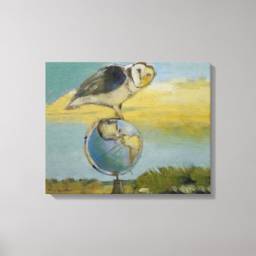 Owl Beach Earth Globe Bird Wildlife Painting Canvas Print