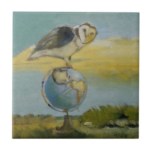 Owl Beach Earth Globe Bird Wildlife Painting Ceramic Tile