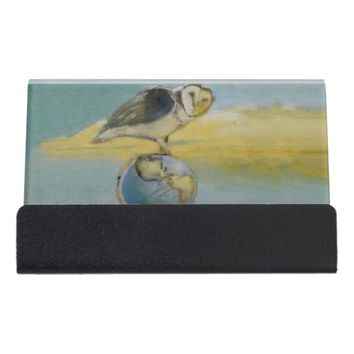 Owl Beach Earth Globe Bird Wildlife Painting Desk Business Card Holder