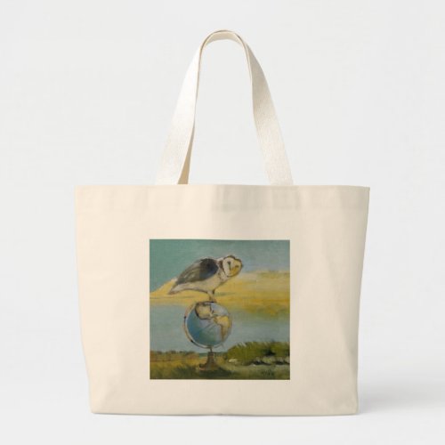 Owl Beach Earth Globe Bird Wildlife Painting Large Tote Bag