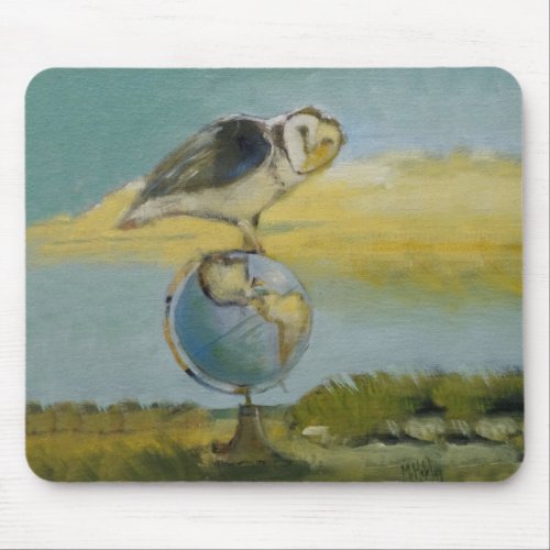 Owl Beach Earth Globe Bird Wildlife Painting Mouse Pad