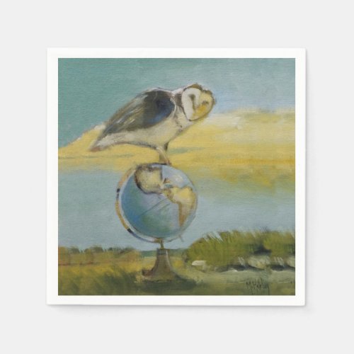 Owl Beach Earth Globe Bird Wildlife Painting Napkins