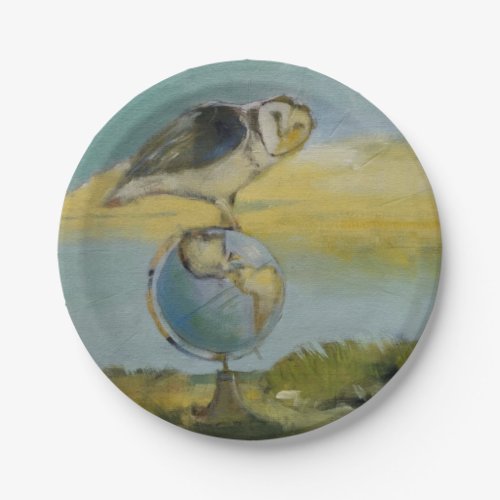 Owl Beach Earth Globe Bird Wildlife Painting Paper Plates