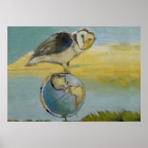 Owl Beach Earth Globe Bird Wildlife Painting Poster