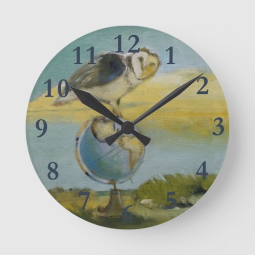 Owl Beach Earth Globe Bird Wildlife Painting Round Clock