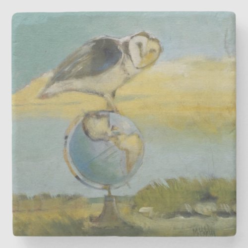 Owl Beach Earth Globe Bird Wildlife Painting Stone Coaster