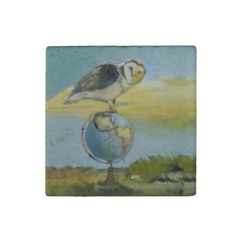 Owl Beach Earth Globe Bird Wildlife Painting Stone Magnet