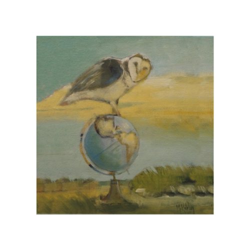 Owl Beach Earth Globe Bird Wildlife Painting Wood Wall Art