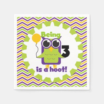 Owl Being 3 Is A Hoot Birthday Paper Napkins by kids_birthdays at Zazzle