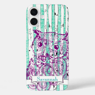 Owl Birch Tree linen Personalize i iPhone 16 Plus Case